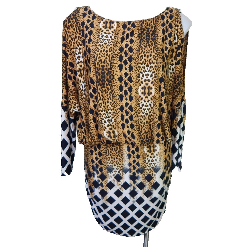 Joseph Ribkoff Women's 8 Dress Leopard Geometric Cold Shoulder Blouson Mini
